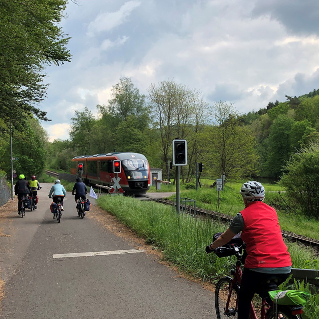 Radfahrende mit Bahn bei Bad Homburg